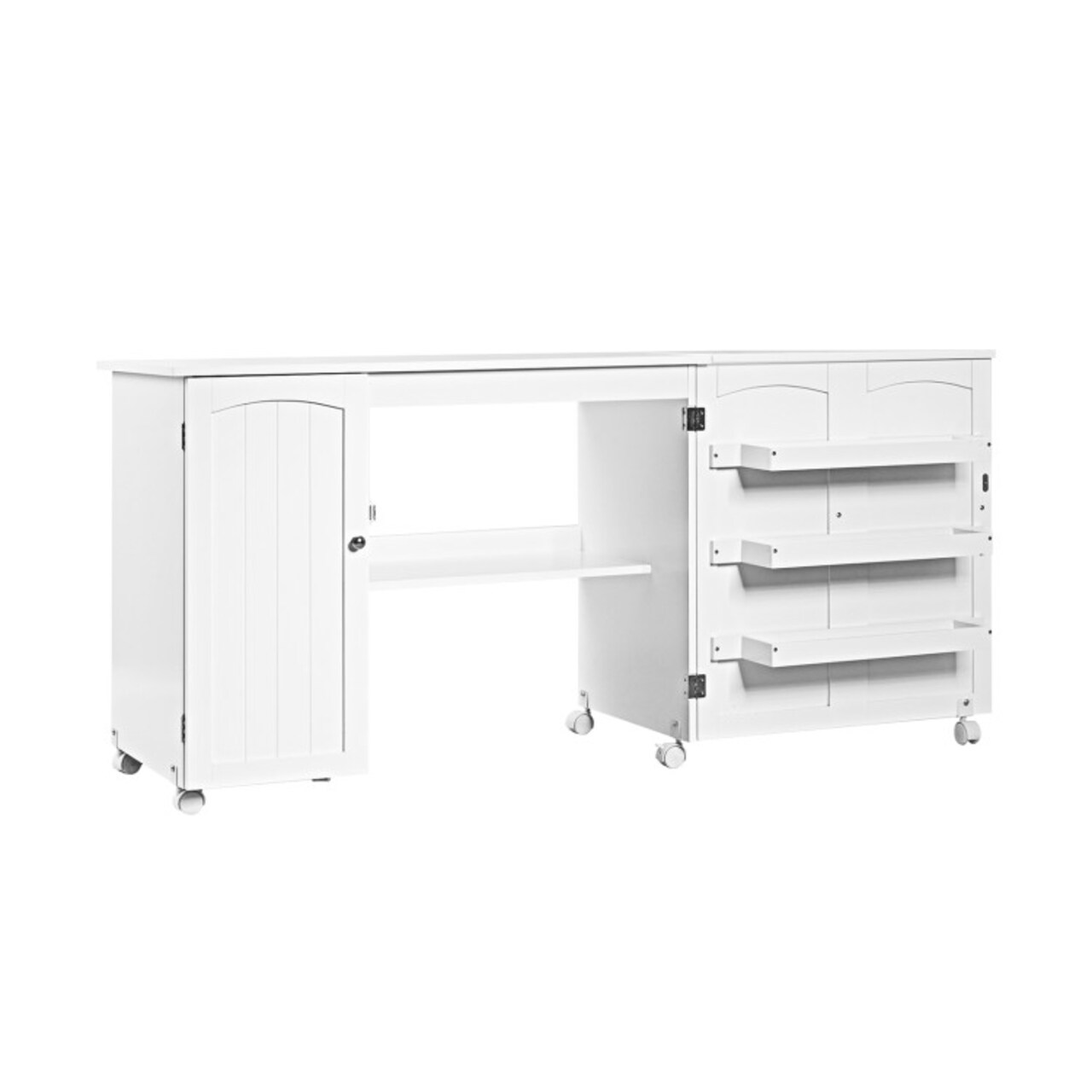 White MDF Folding Sewing Table with Storage Shelves and Wheels for Small Spaces